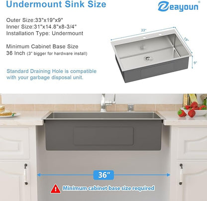 33 Inch Drop in Kitchen Sink-33x19 Drop in Kitchen Sink 18 Gague Topmount Stainless Steel Single Bowl Handmade Sinks Large Deep Basin 33"x19"x9"