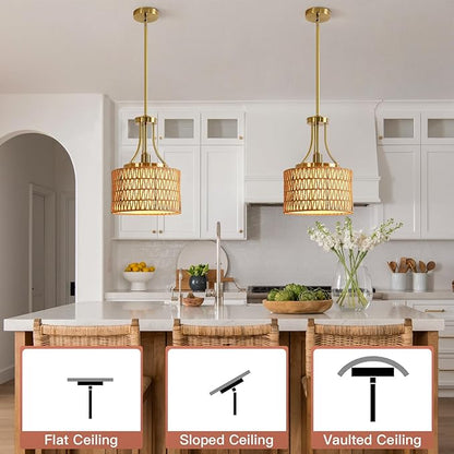 11.8" Modern Boho Rattan Gold Pendant Light Adjustable Rod Vintage Farmhouse Drum Fabric Pendant Light Fixture Woven Bamboo Wicker Pendant Lights for Kitchen Island, Dining Room, Bedroom