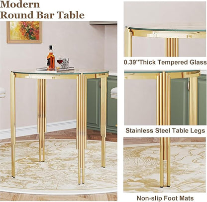 37" Round Bar Table for 2 4, Modern High Pub Table with Clear Tempered Glass Top and Polished Gold Stainless Steel Legs, Counter Height Table for Kitchens, Apartments, and Small Spaces