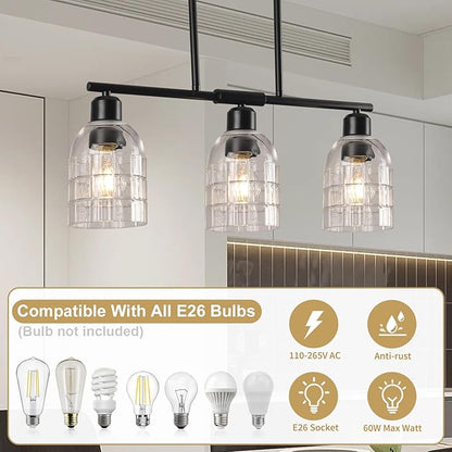 FRIXCHUR Black Kitchen Island Lighting, 3-Light Linear Chandelier with Clear Glass Shades, Modern Pendant Light for Dining Room & Kitchen, Adjustable Height, E26 Bulb Compatible, Metal in Black