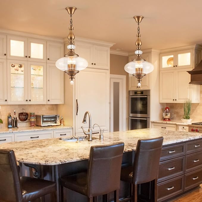 Vintage Kitchen Island Pendant Light Antique Brushed Brass Glass Chandelier for Living Room Dining Room Bedroom, W 11.8 in. H 23.6 in.