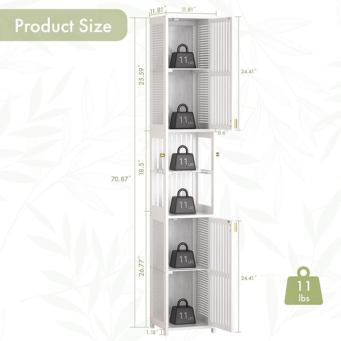 Amazer 70'' Tall Bathroom Storage Cabinet Bamboo, Slim Storage Cabinet with Rattan Door and Adjustable Shelves, Narrow Freestanding Organizer for Living Room Kitchen, White