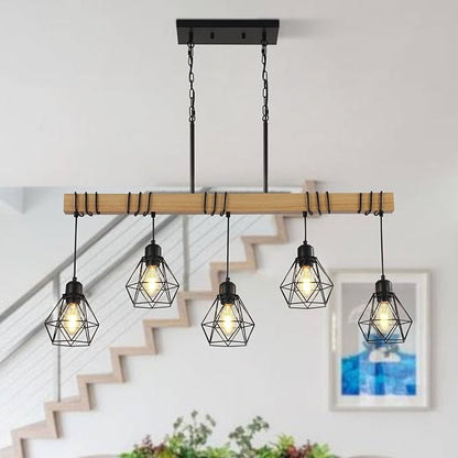 38" Farmhouse Kitchen Light Fixture, Black Hanging Kitchen Chandelier, 5-Light Rustic Dining Room Light Adjustable Height with Wood and Metal Frame, Suit for Farmhouse, Industrial Style