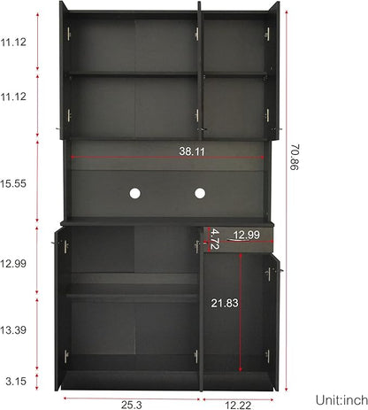71" Tall Kitchen Pantry Cabinet,Sideboard Buffet Cabinet with 6 Doors and Shelves,Kitchen Island with Microwave Stand,Kitchen Hutch Storage Cabinet with 1 Drawer for Kitchen,Kitchen Cabinet (Black)