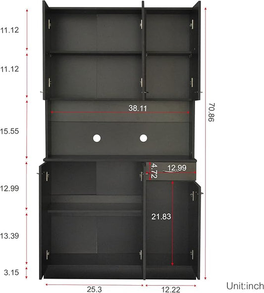 71" Tall Kitchen Pantry Cabinet,Sideboard Buffet Cabinet with 6 Doors and Shelves,Kitchen Island with Microwave Stand,Kitchen Hutch Storage Cabinet with 1 Drawer for Kitchen,Kitchen Cabinet (Black)