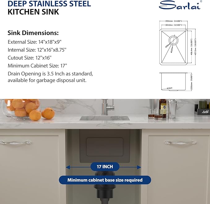 Sarlai 14 Bar Sink Undermount - 14"x18" Undermount Kitchen Sink Single Bowl 16 Gauge Stainless Steel Under Counter Bar Prep RV Camper Outdoor Small Kitchen Sink Basin