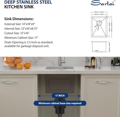 Sarlai 14 Bar Sink Undermount - 14"x18" Undermount Kitchen Sink Single Bowl 16 Gauge Stainless Steel Under Counter Bar Prep RV Camper Outdoor Small Kitchen Sink Basin