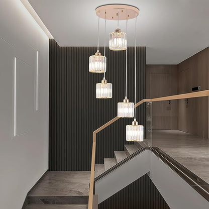 Crystal Pendant Lights Chandeliers for High Ceilings Modern Crystal Chandeliers Hanging Light Fixture Raindrop Drop Lamp for Dining Room Foyer Living Room Entryway Gold 5 Lights