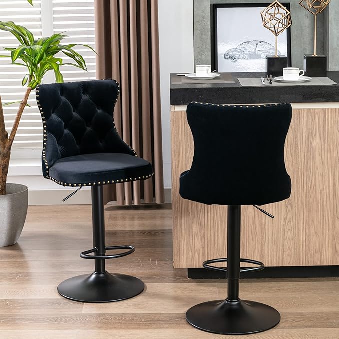 KEIKI Swivel Velvet Barstools，Upholstered Chairs Set of 2, Adjusatble Seat Height from 25-33 Inch for Home Pub, Kitchen Island, Black
