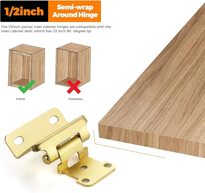 Ravinte 10 Pack 5 Pairs Semi-Overlay 1/2 inch Self-Closing Face Frame Cabinet Hinges Gold Half Wrap-Around Kitchen Door Hinges Face Mount Cabinet Hardware