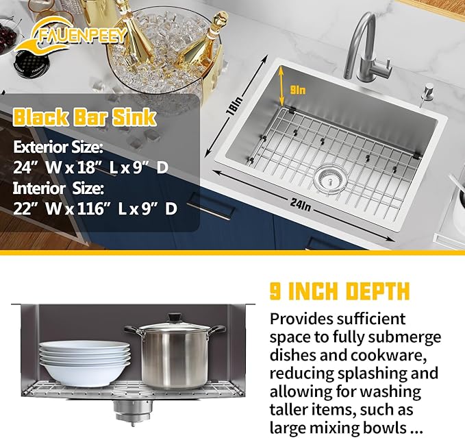 Kitchen Sink,24x18 Inch Kitchen Sink Stainless Steel Undermount Bar Sink Drop In Stylish and Modern Look Sink With Bottom Grid,Silicon Mat And Drain Assembly Add Elegance & Enhance Usability