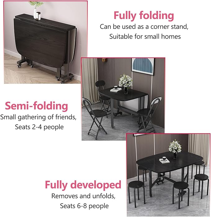 Solid Wooden Foldable Kitchen Table with 6 Wheels, Solid Wooden Foldable Kitchen Table with Carbon Steel Pipe Bracket, Space Saving Butterfly Drop Leaf, Versatile Collapsible Extendable Table(Natural,