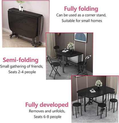 Solid Wooden Foldable Kitchen Table with 6 Wheels, Solid Wooden Foldable Kitchen Table with Carbon Steel Pipe Bracket, Space Saving Butterfly Drop Leaf, Versatile Collapsible Extendable Table(Natural,