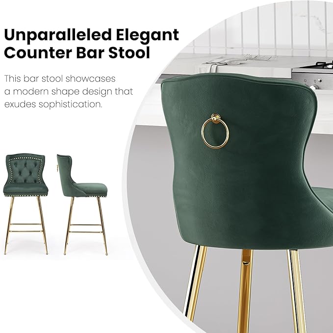 Luxurious Velvet Counter Height Bar Stools Set of 2 with Metal Legs, Button Tufted, Nailheads Trim, Wing-Back Bar Chairs for Kitchen Island Dining Room Pub(Green)
