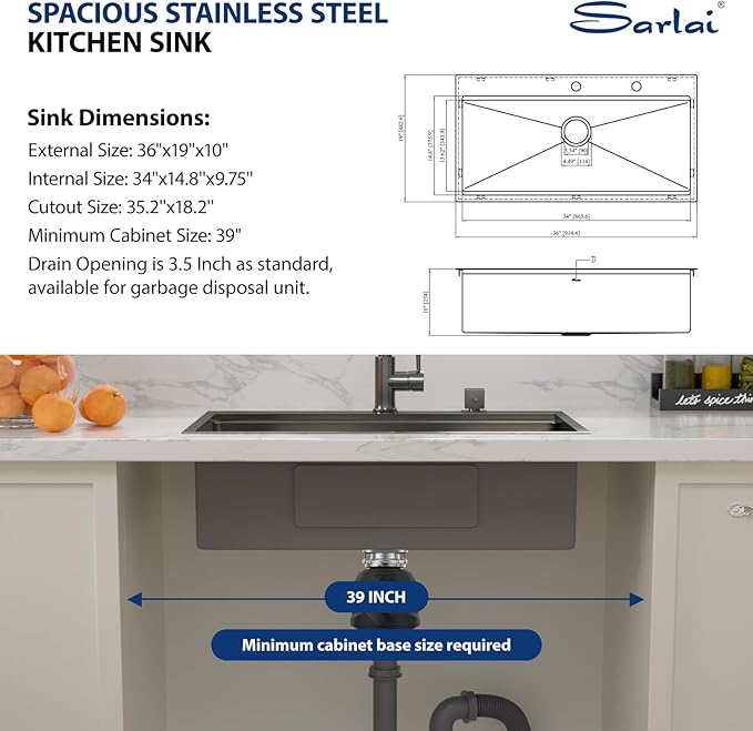 Sarlai 36 Inch Black Drop In Kitchen Sink Workstation - 36x19 Drop In Kitchen Sink Black Stainless Steel Topmount Workstation Sink 16 Gauge Deep Single Bowl Top-mount Kitchen Sink
