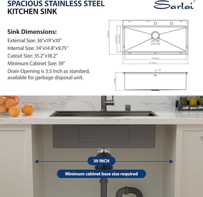Sarlai 36 Inch Black Drop In Kitchen Sink Workstation - 36x19 Drop In Kitchen Sink Black Stainless Steel Topmount Workstation Sink 16 Gauge Deep Single Bowl Top-mount Kitchen Sink