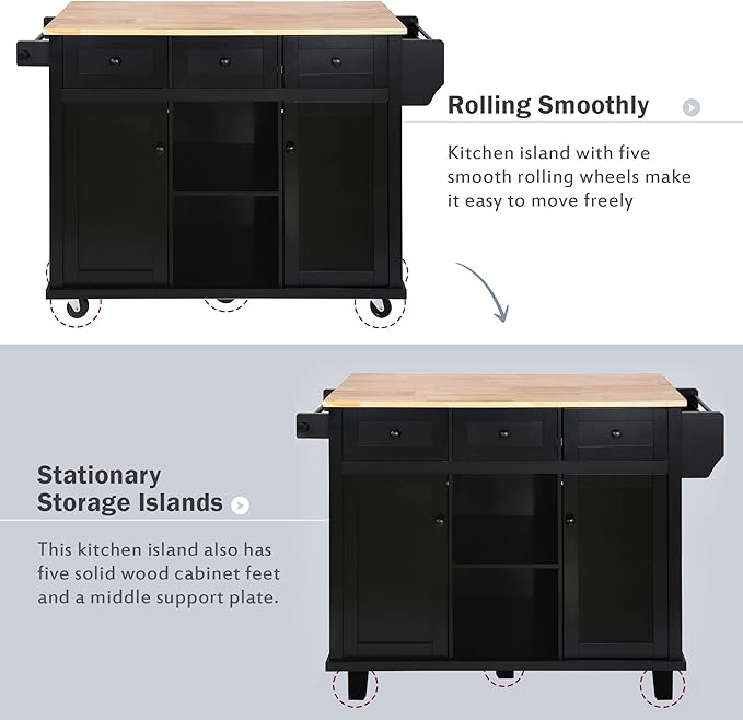 Ball & Cast Kitchen Island Cart with Rubber Wood Drop-Leaf Countertop,Cabinet Door Internal Storage Racks,Kitchen Island on 5 Wheels W/Storage Cabinet and 3 Drawers for Dinning Room,Black,53"