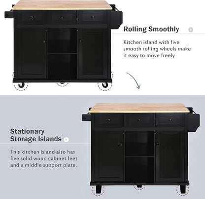 Ball & Cast Kitchen Island Cart with Rubber Wood Drop-Leaf Countertop,Cabinet Door Internal Storage Racks,Kitchen Island on 5 Wheels W/Storage Cabinet and 3 Drawers for Dinning Room,Black,53"