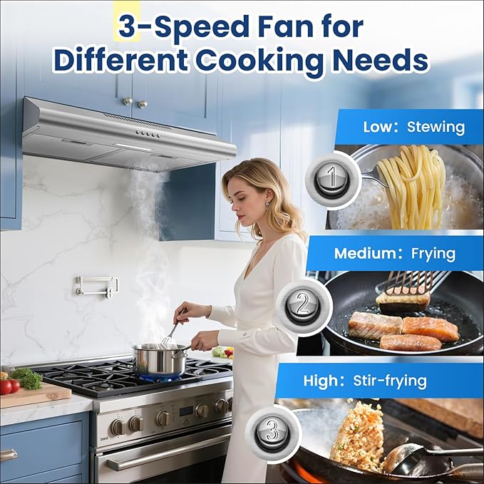 Under Cabinet Range Hood 30 inch, Stainless Steel Kitchen Hood with 280 CFM, Button Controls, Stove hood with Carbon Filter, Ducted/Ductless Convertible, 2 Pcs Aluminum Filters