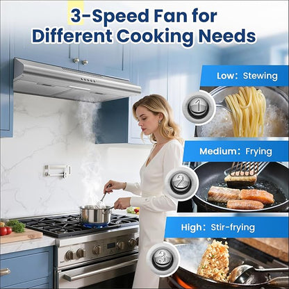 Under Cabinet Range Hood 30 inch, Stainless Steel Kitchen Hood with 280 CFM, Button Controls, Stove hood with Carbon Filter, Ducted/Ductless Convertible, 2 Pcs Aluminum Filters