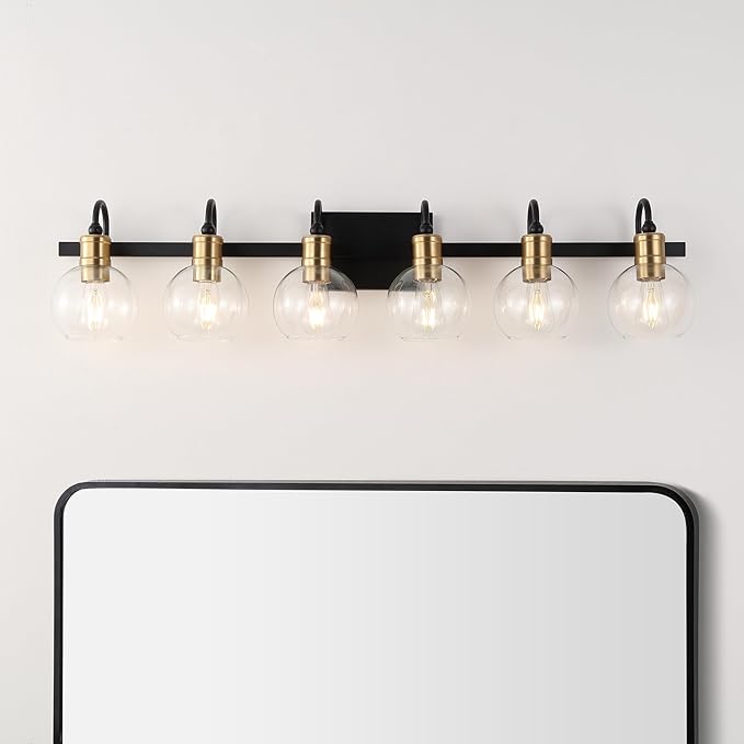JONATHAN Y 44.25" Black/Brass Gold Vintage Wall Sconce, LED Vanity Light for Bathroom Bedroom Entryway, Clear Glass Globe Shade, Modern Industrial Arched Lamp, LED Bulb Included (JYL3557A)