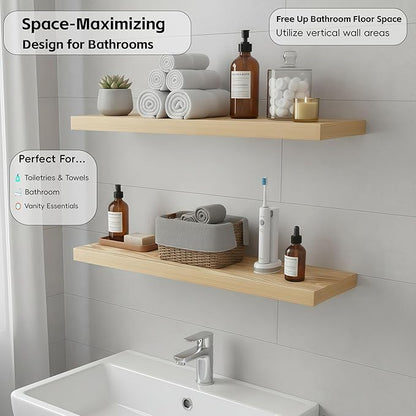 Lufia Floating Wall Shelves, Set of 2, MDF with Invisible Brackets, Modern Storage for Bedroom, Bathroom, Living Room, Kitchen (Oak, 24" W x 7" D x 1.5" H)