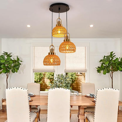 Modern Boho Gold Rattan Pendant Light 3-Lights Vintage Farmhouse Rattan Pendant Light Fixture Hand Woven Golden Bamboo Wicker Pendant Lights for Kitchen, Stairwell, Entryway, Living Room