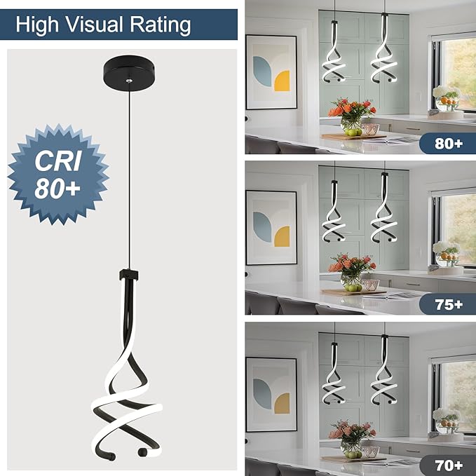 EIDISUNY Modern Pendant Light, Spiral LED Pendant Light Fixture, 4500K LED Hanging Lamp, Black Chandelier Lights Fixture, 20W Adjustable for Kitchen Island, Dining Room, Bedroom,1 Pack
