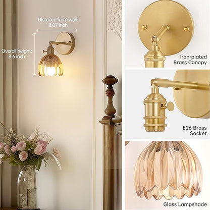 Shenmoyl Vintage Battery Operated Wall Sconce with Amber Tulip Glass Lampshade 5000 mAh Rechargeable Battery Powered Wall Light with Remote Control for Bedside Bedroom Doorway, Set of 2