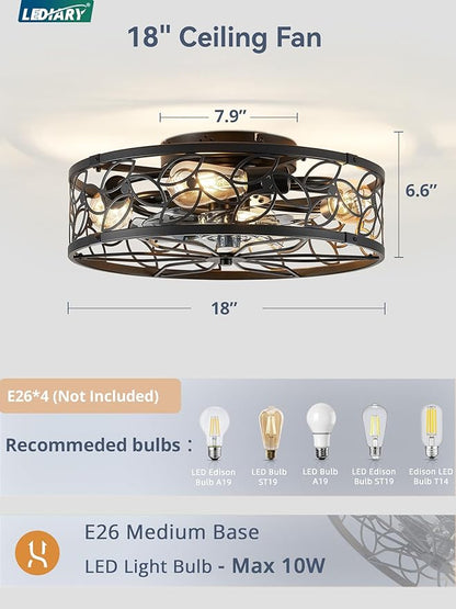 LEDIARY Caged Ceiling Fans with Lights, Farmhouse Flush Mount Ceiling Fan with Remote&App, Black&Walnut Low Profile Ceiling Fan Light Fixture for Bedroom, Kitchen, Dining Room.
