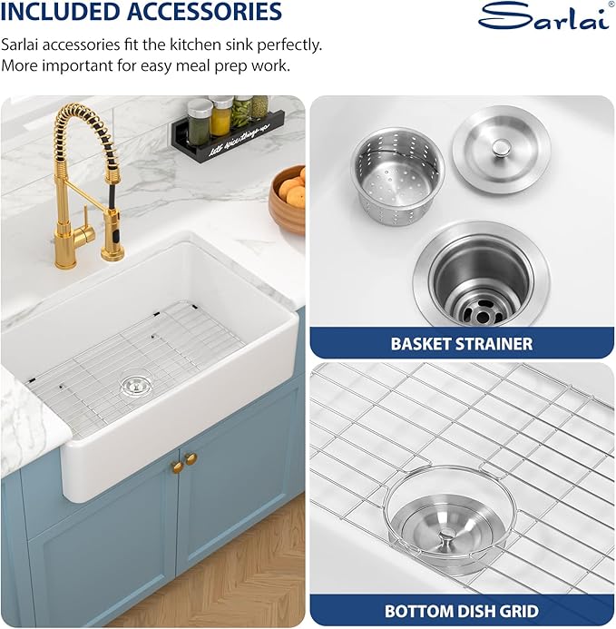 Sarlai 33 White Farmhouse Sink - 33x20 Inch Kitchen Sink Apron Front Ceramic Porcelain Vitreous Fireclay Single Bowl Farmer Sinks Basin