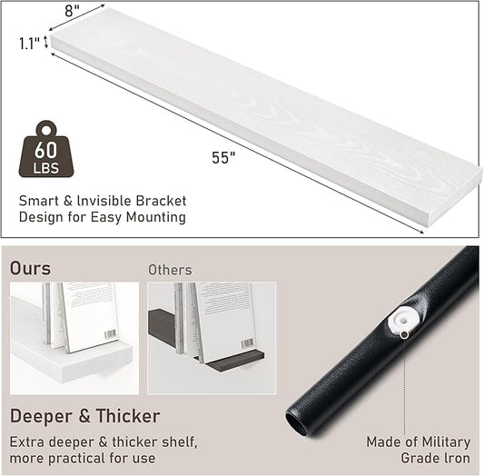 Fun Memories 55 Inch Long Floating Shelves for Wall, 8" Deep Floating Shelves for Bathroom Living Room Bedroom, Rustic Wall Mounted Shelf with Invisible Heavy-Duty Bracket, Set of 2, White