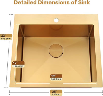 Gold Drop In Kitchen Sink 25” X 22”, 25 Inch Top Mount 16 Guage T-304S Stainless Steel Kitchen Sinks, 10 Inch Deep Single Bowl laundry Sink with Accessories
