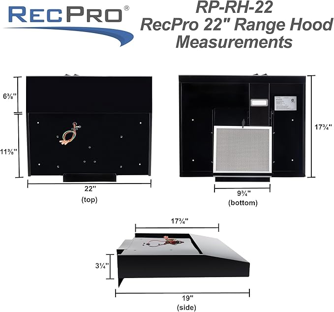 RecPro RV Range Hood with Charcoal Filter & LED Lamp | 12V DC Motor | 60W Energy Efficient | Built-in Charcoal Filter | Sleek Design | Hard-Wired Installation | 0.8A Fan Motor (Black)