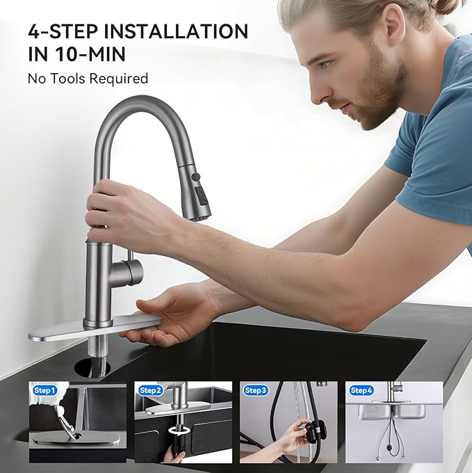 Arofa Kitchen Faucet with Pull Down Sprayer, Brushed Nickel Kitchen Sink Faucet 1-3 Hole Single Handle High Arc Stainless Steel Commercial Modern Kitchen Faucets for RV/Laundry/Outdoor/Bathroom Sink