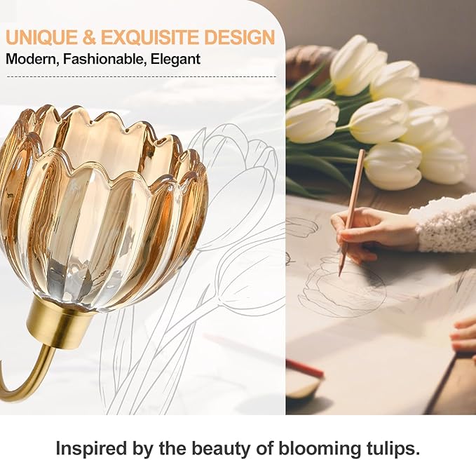 2-Pack Brushed Gold Bathroom Vanity Light, Single-Head Wall Sconce with Ribbed Amber Tulip Glass Shade, Vintage Bathroom Light Fixtures for Bedroom, Hallway & Bedside (Bulbs Not Included)