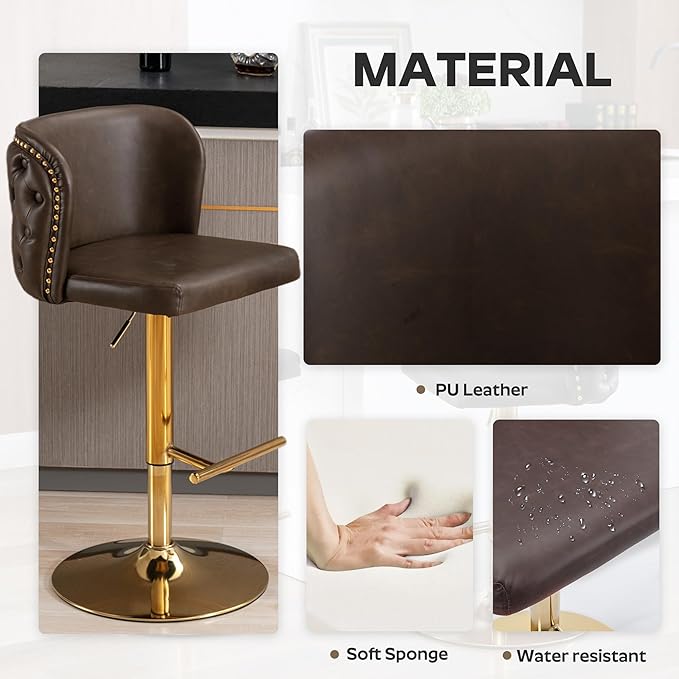 3-Piece Pub Table and Chairs, Round Bar Height Adjustable Swivel PU Leather Bar Stools Set of 2 for Kitchen Island Bistro Office Living Room Small Space Restaurant