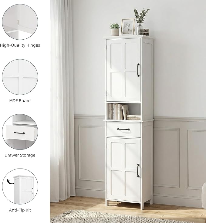 Casaphoria Tall Bathroom Storage Cabinet, 65" H Narrow Floor Cabinet with 2 Barn Doors and 1 Drawer, Freestanding Linen Tower with Adjustable Shelves, Anti-Tipping, White