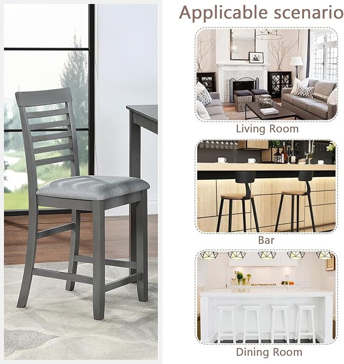 Set of 4 Dining Chairs, Wooden Kitchen Chairs with Padded Cushion, Upholstered Stools for Kitchen Island, Dining Room, Living Room, Easy Assembly (Gray - Ladder backrest)