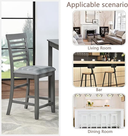 Set of 4 Dining Chairs, Wooden Kitchen Chairs with Padded Cushion, Upholstered Stools for Kitchen Island, Dining Room, Living Room, Easy Assembly (Gray - Ladder backrest)