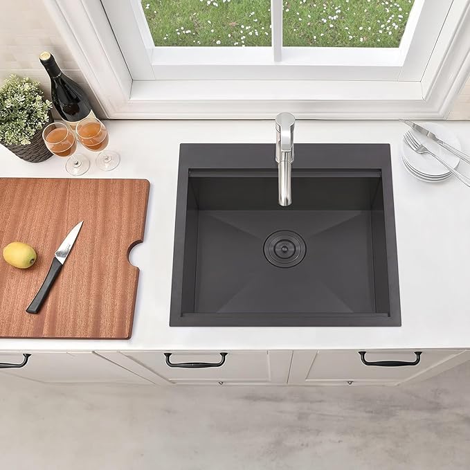 KINGO HOME Black Kitchen Sink,Drop In Bar Sink Gunmetal Black Stainless Steel Square Small Topmount Single Bowl Workstation Sinks,304 Stainless Steel Topmount Wet Bar Prep Sinks With Cutting Board
