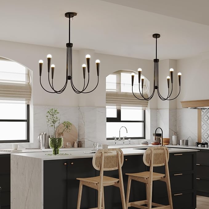 Farmhouse Chandelier,6-Lights Industrial Rustic Dining Room Pendant Light,Adjustable Hanging Candle Light Fixtures for Kitchen Island Living Room Foyer (Black-6 Lights)