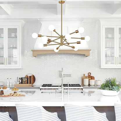 MQMQA Sputnik Chandeliers Dining Room Light Fixture (12-Light, 33-Inch), Modern Brushed Brass Chandelier, Height Adjustable Mid Century Modern Chandeliers for Dining Room Kitchen (Bulbs not Included)