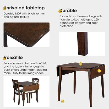 Ball & Cast 3-Piece Farmhouse Kitchen Island Drop Leaf Table-Chair Set, 29.57“/45.67" Folding Table w/ 2pcs Backrest Dining Chairs,Foldable Wooden Breakfast Set for Small Place,Space Saving, Brown