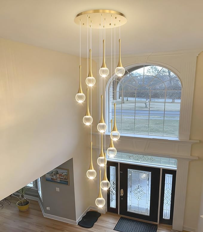12 Light High Ceiling Crystal Chandelier Dimmable LED Pendant Lights with Remote Adjustable Chandeliers for Foyer Staircase Living Room Gold