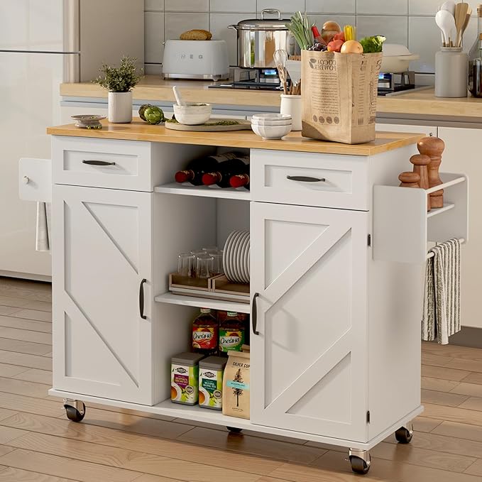 knoworld 51.5'' Rolling Kitchen Island with Storage Cabinet & Drawers, Drop Leaf Kitchen Cart on Wheels, Farmhouse Portable Mobile Islands, Large Butcher Block Table with Tower/Spice Rack, White