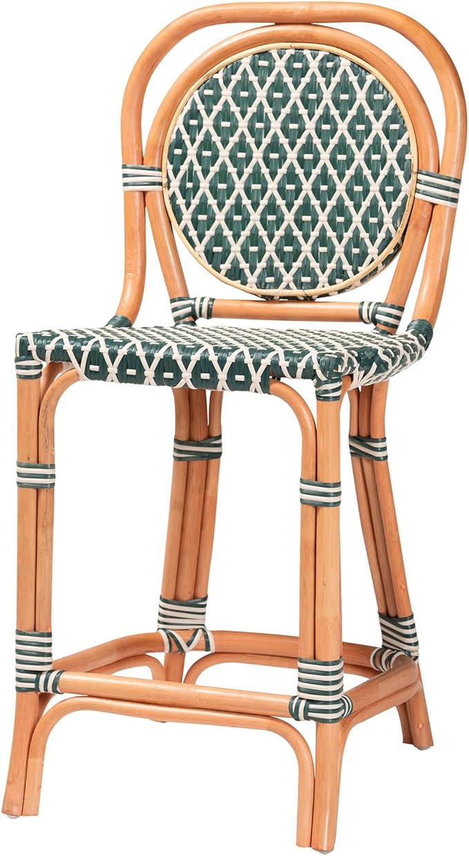 Bali & pari Mattie Rattan Bistro Counter Stool - Handwoven Accent Seating with Backrest for Kitchen Island or Indoor/Outdoor Lounge, Dark Teal Green & White