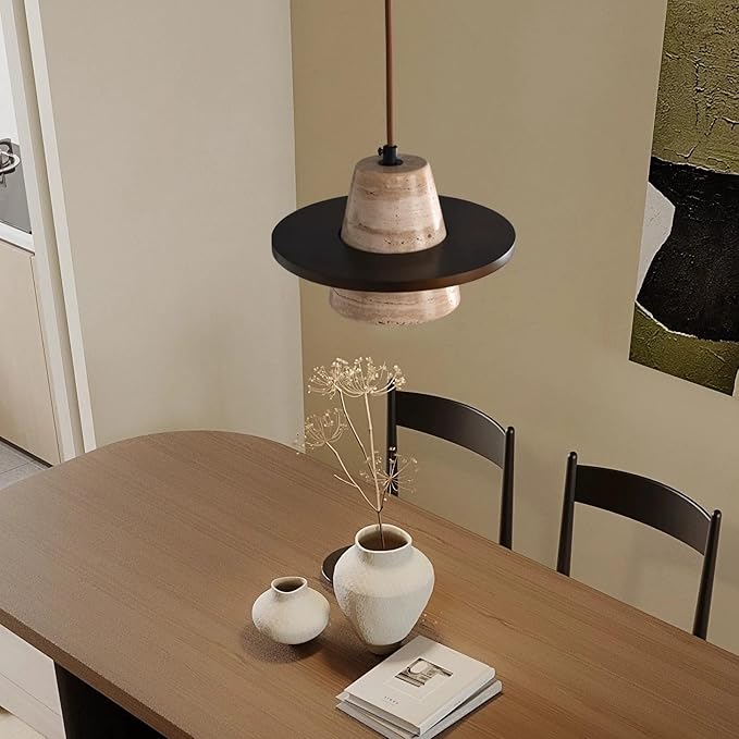 Japanese Wabi sabi Pendant Light with Natural Stone Shade, Dimmable Modern Wood Hanging Lamp Fixture, Adjustable Height Pendant Lamp for Bedroom, Kitchen Island, Dining Room, Restaurant, Cafe, Bar (J)