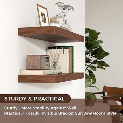 Venusmiles Floating Shelves for Wall, Engineered Wood Wall Shelves with Invisible Brackets for Living Room Bedroom Bathroom Office Kitchen Decor and Storage (Walnut, 24" W x 9" D x 1.5" H) Set of 2