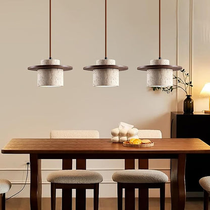 Japanese Wabi sabi Pendant Light with Natural Stone Shade, Dimmable Modern Wood Hanging Lamp Fixture, Adjustable Height Pendant Lamp for Bedroom, Kitchen Island, Dining Room, Restaurant, Cafe, Bar (C)